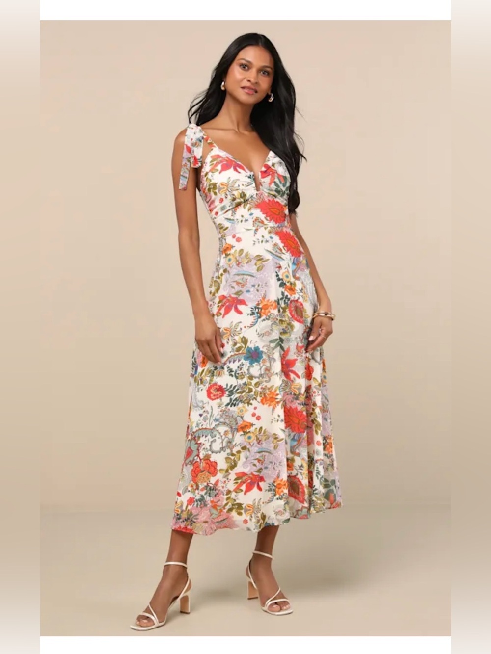 Lulus Simply Blissful Ivory Multi Floral Tie-strap A-line Midi Dress White - Picture 3 of 9